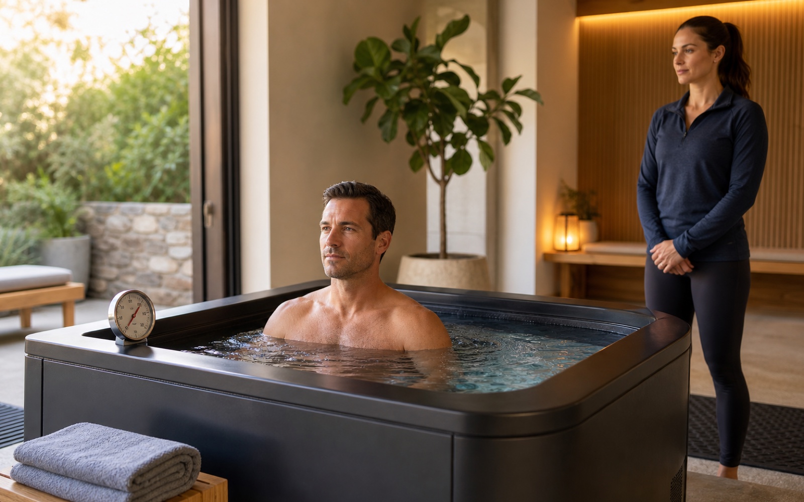 Adult uses a temperature-monitored cold plunge with an attendant nearby