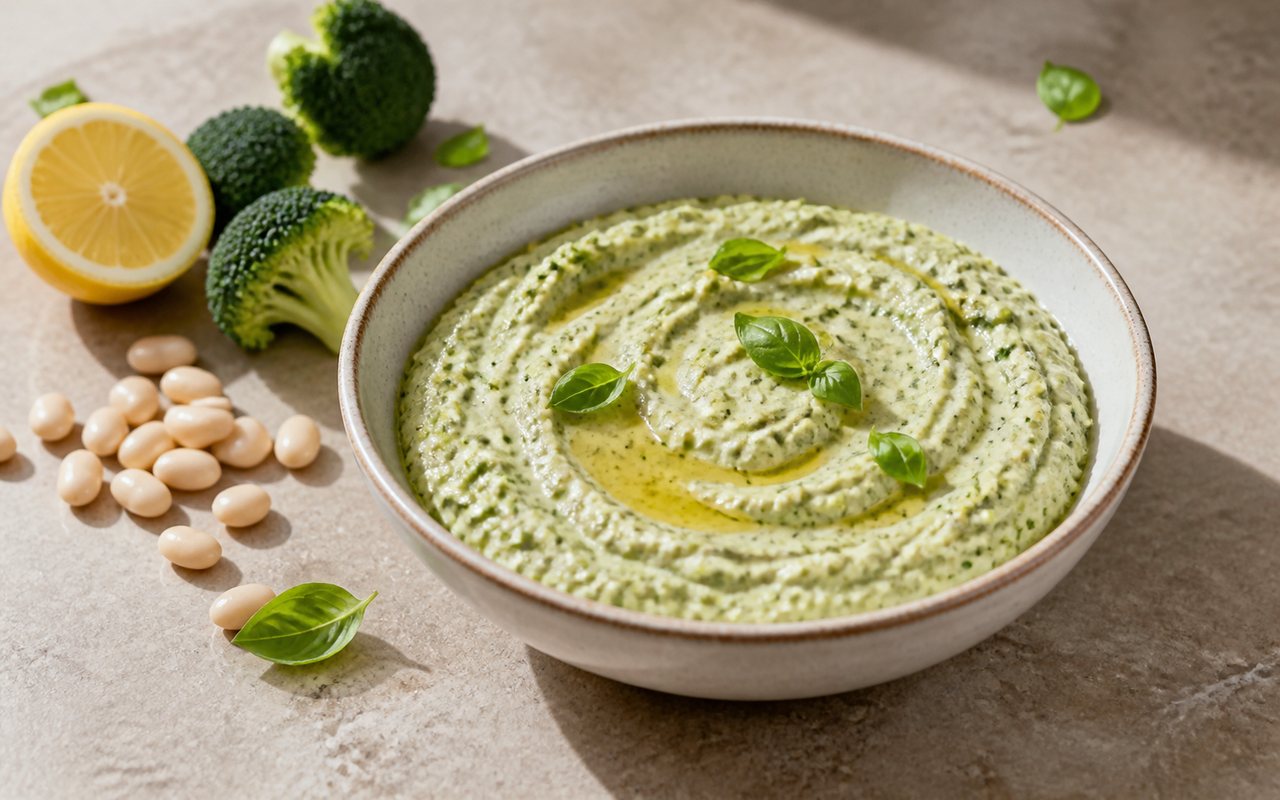A bowl of pale green white bean and broccoli dip with lemon and basil nearby.