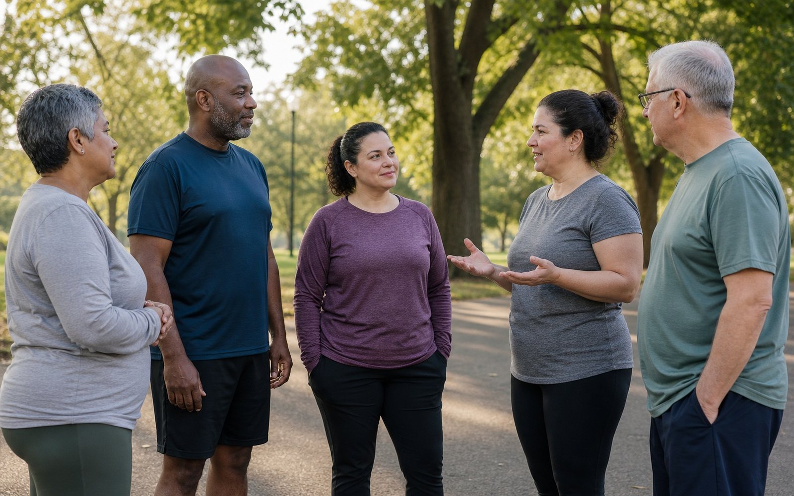 Five adults in athletic clothes stand together talking on a park path.