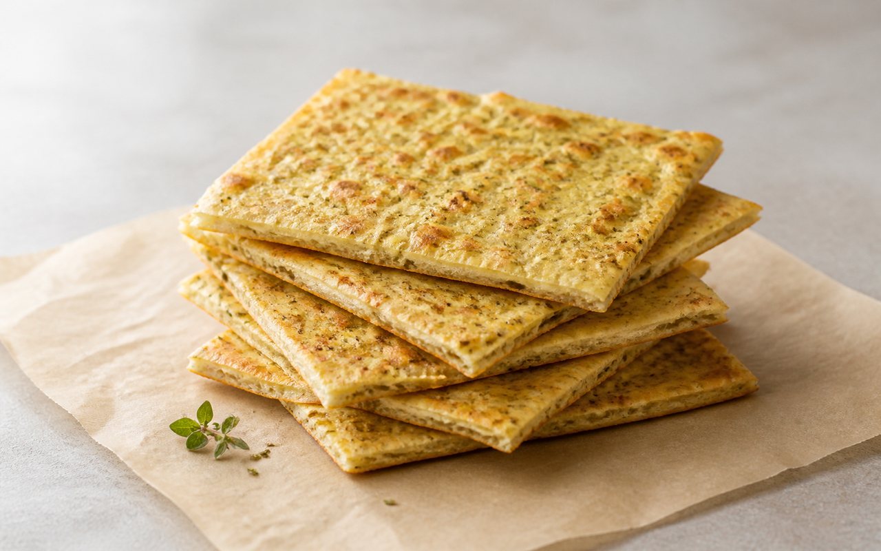 Golden cottage cheese flatbread squares stacked on parchment with fresh herbs.