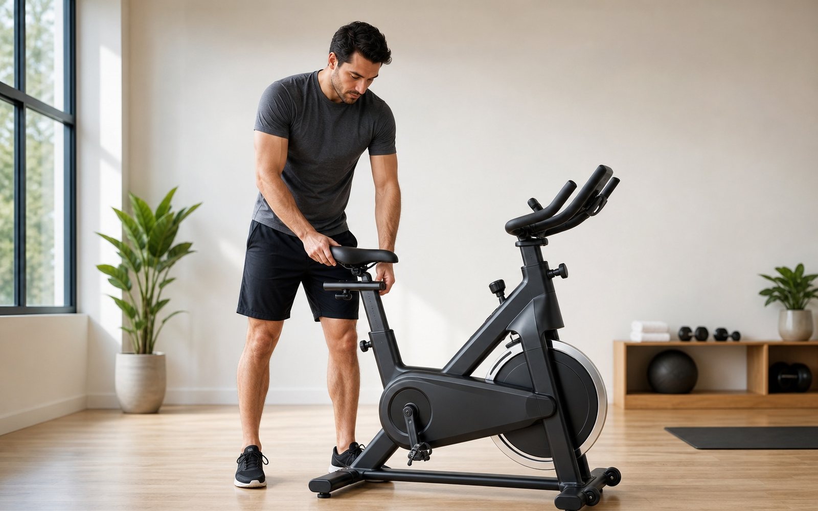Man adjusts the saddle height on an unbranded stationary bike in a bright exercise room.