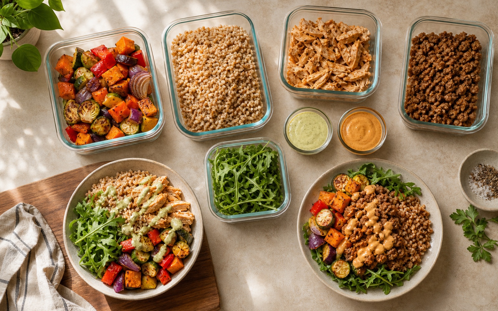 Varied meal-prep components sit beside two differently assembled bowls