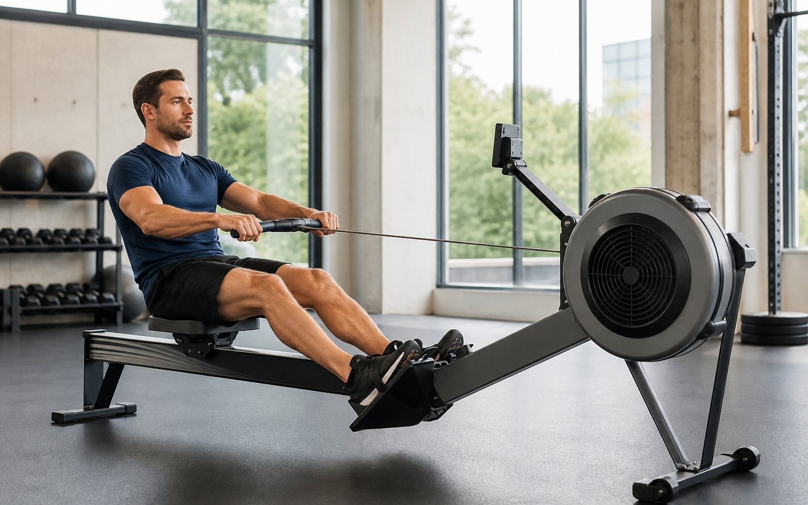 Man performs a seated rowing stroke on an unbranded rowing machine in a bright gym.