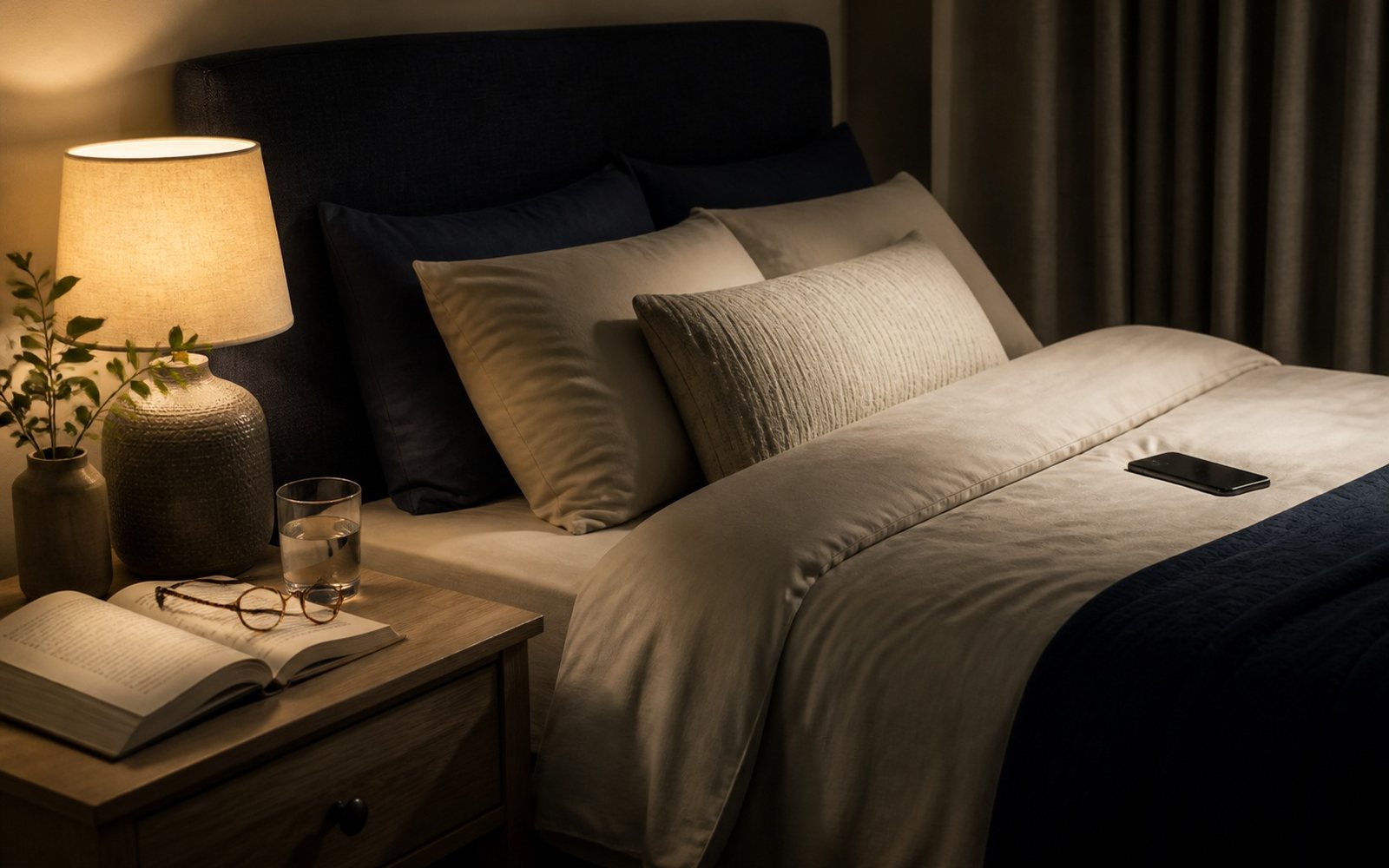 Warm bedside lamp, open book, glasses, water, and a phone resting on a made bed.