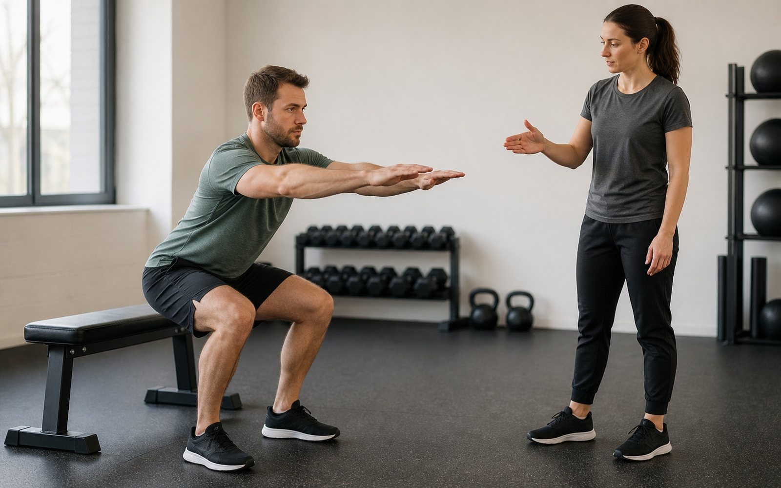 Woman gestures as a man lowers toward a bench in a gym.