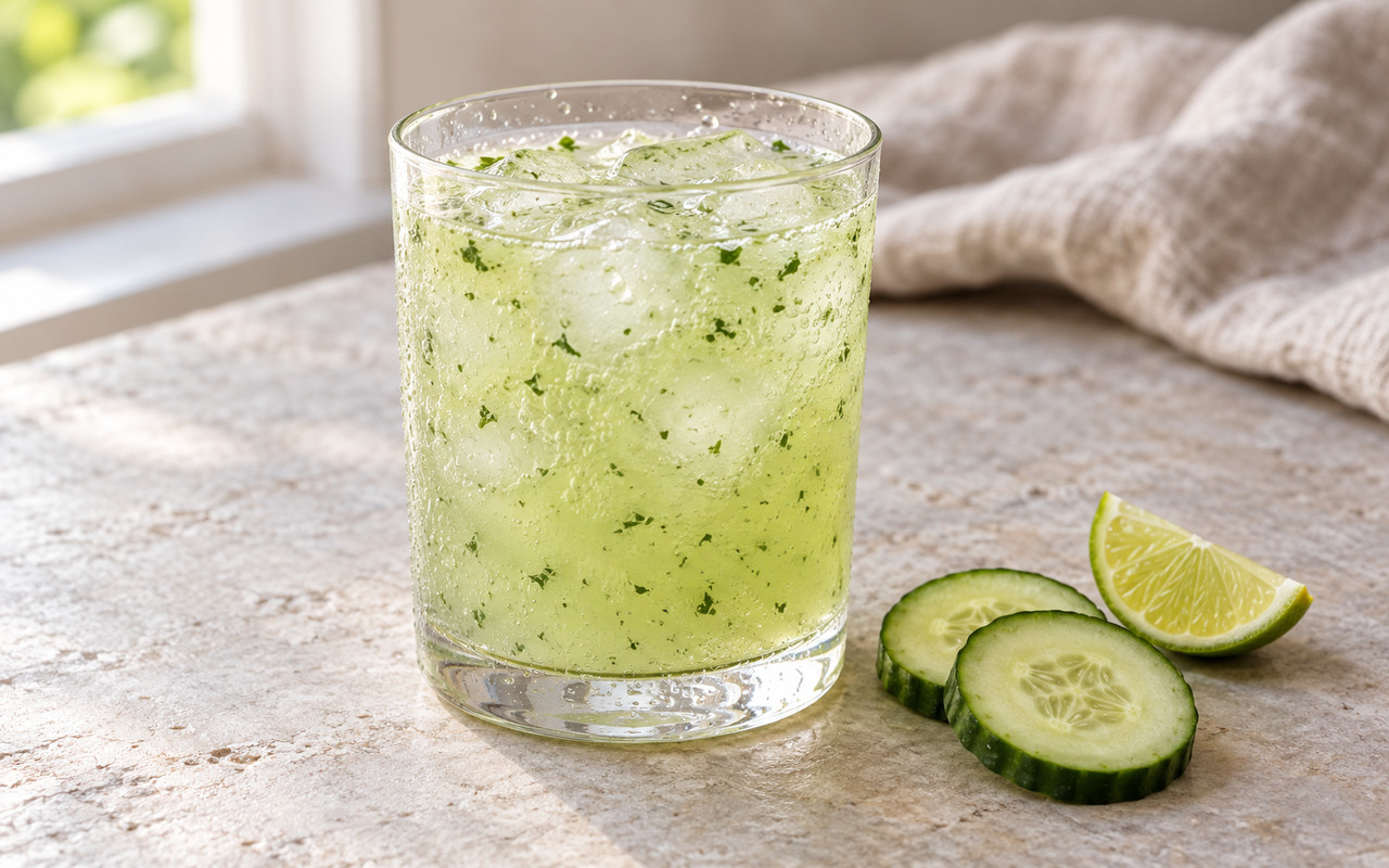 AI-assisted editorial photo of a clear tumbler of pale green cucumber, lime, and mint sparkling drink with ice and fine green flecks beside cucumber slices and lime.