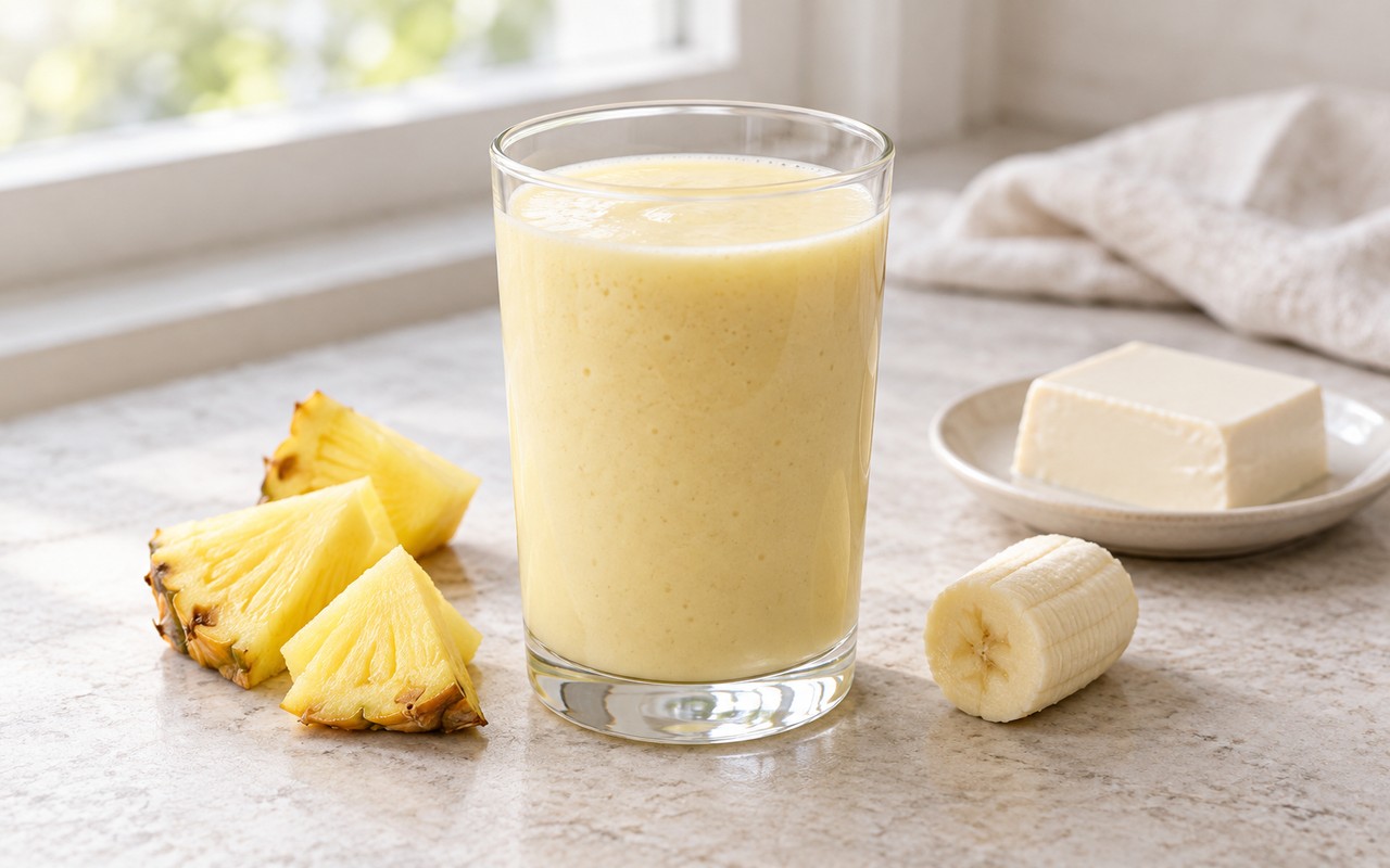AI-assisted editorial photo of a pale yellow pineapple silken tofu smoothie in a clear glass beside pineapple, banana, and plain silken tofu.