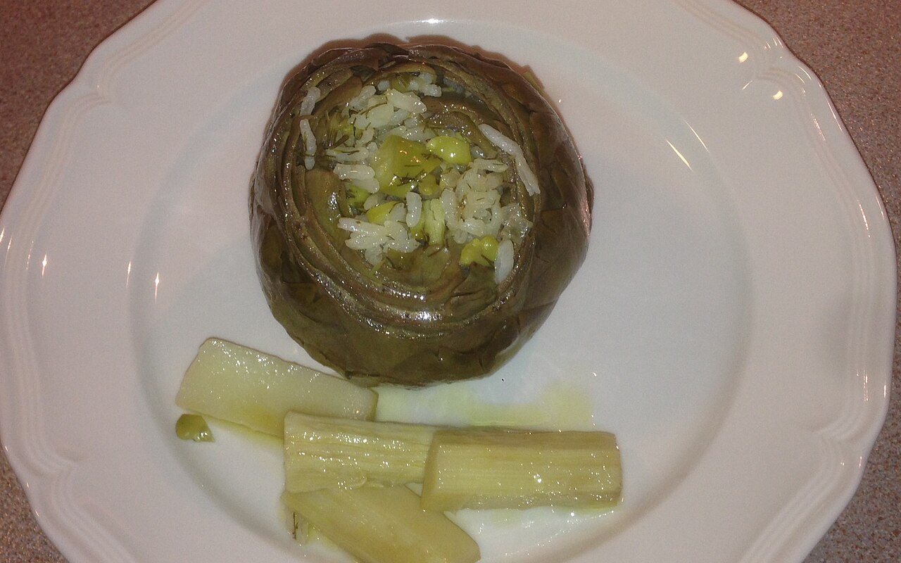 Whole Turkish stuffed artichokes filled with herbed rice