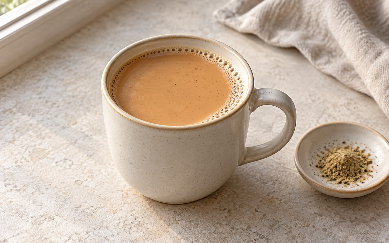 AI-assisted editorial photo of a ceramic mug of tan cardamom black tea latte with small surface bubbles beside a dish of ground cardamom.