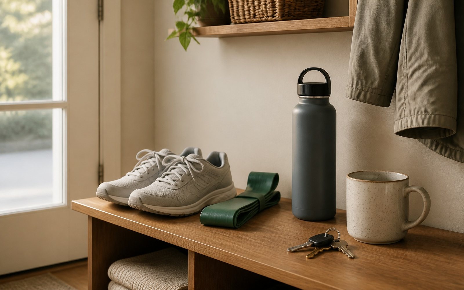 Running shoes, resistance bands, water bottle, keys, and mug arranged beside a doorway.