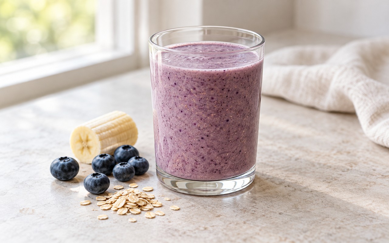 AI-assisted editorial photo of a muted purple blueberry banana oat smoothie in a clear glass beside blueberries, banana, and rolled oats.