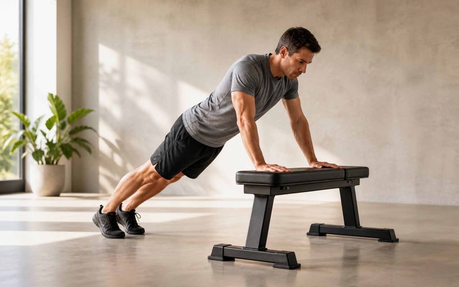 Man performs an incline push-up with both hands supported on a workout bench.