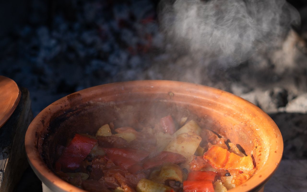 Rustic Turkish vegetable güveç with eggplant, potato, zucchini, and tomato