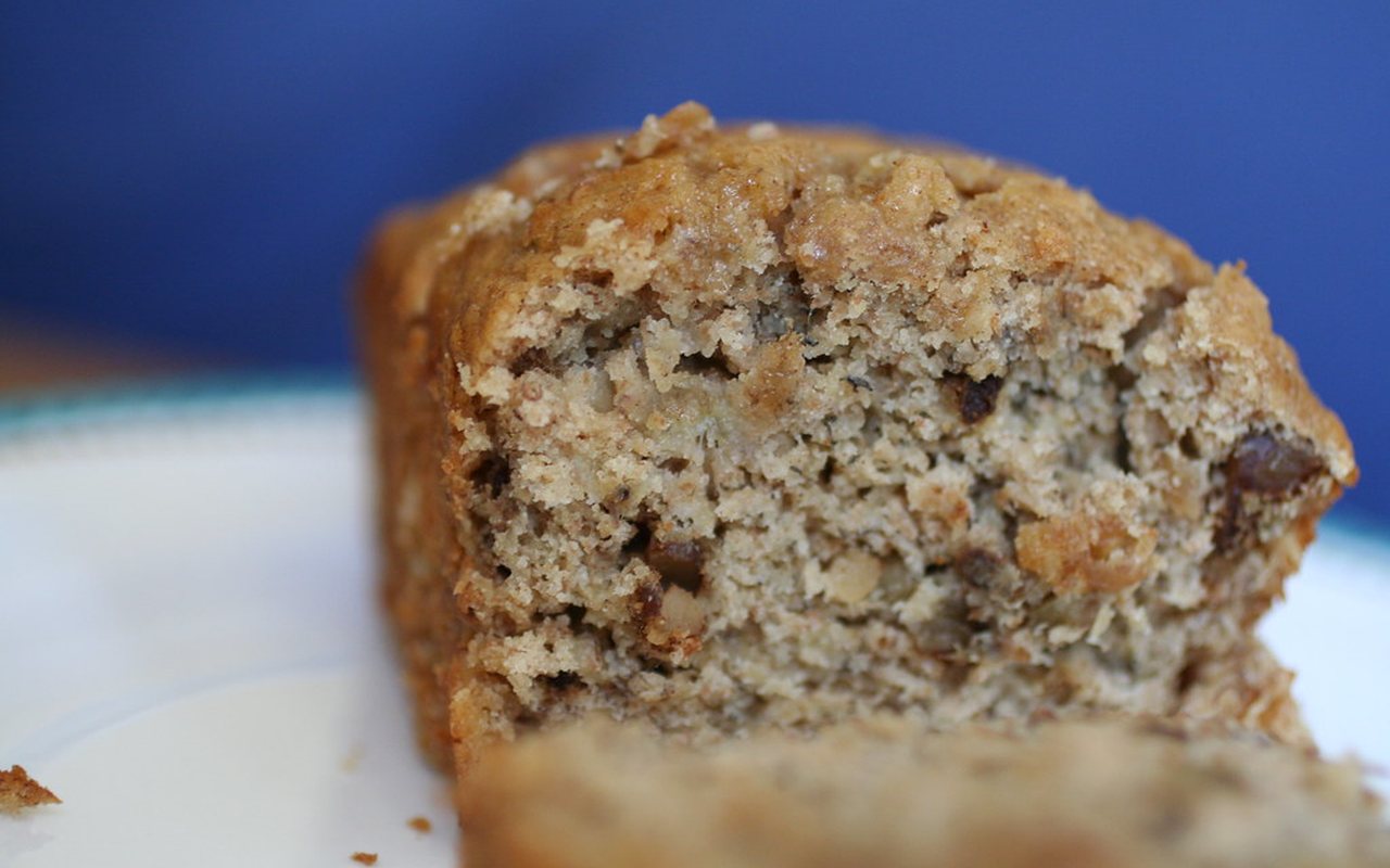 Slices of moist banana cake on a serving plate