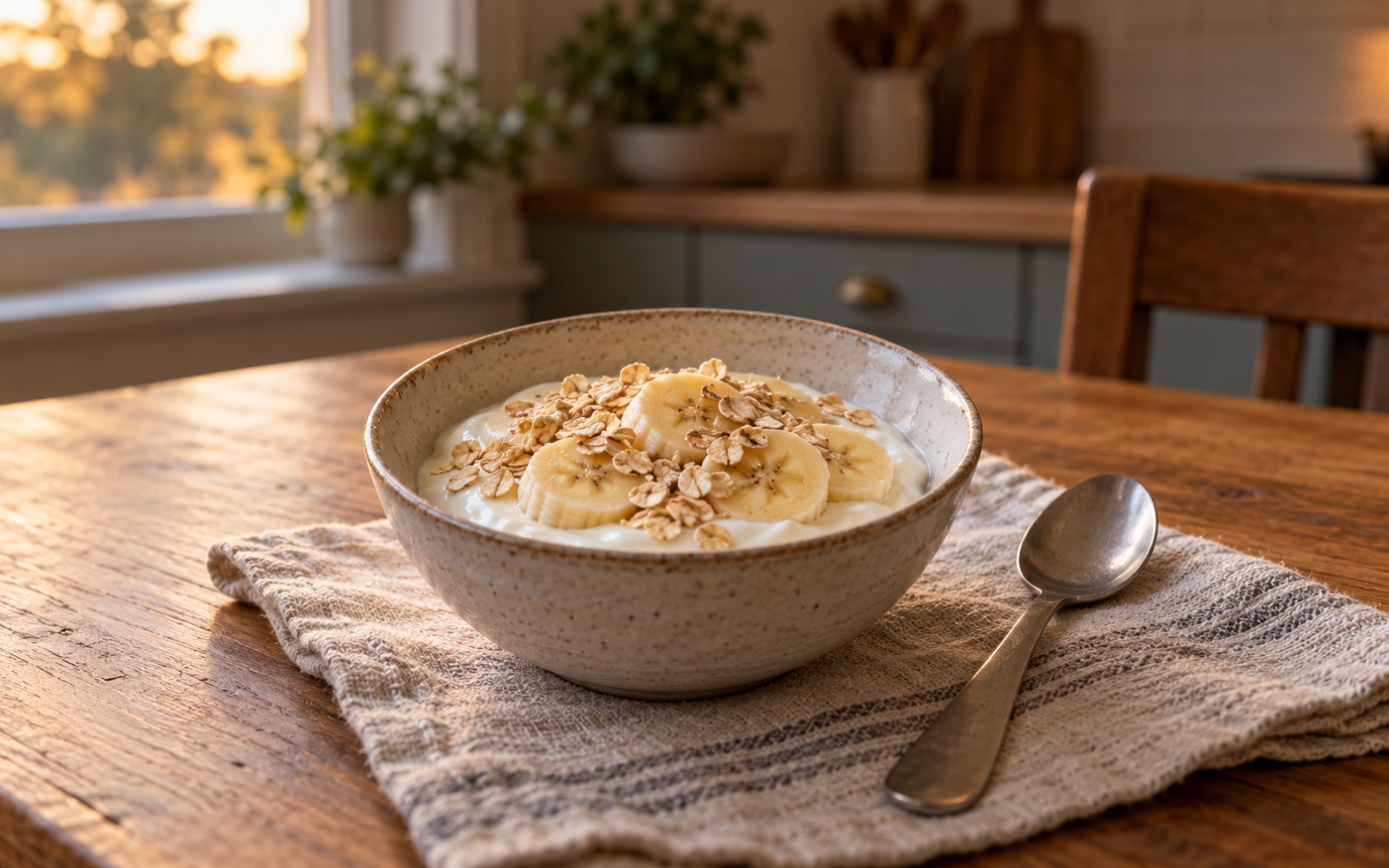 Small bowl of plain yogurt with sliced banana and oats on a kitchen table, with no packaging.