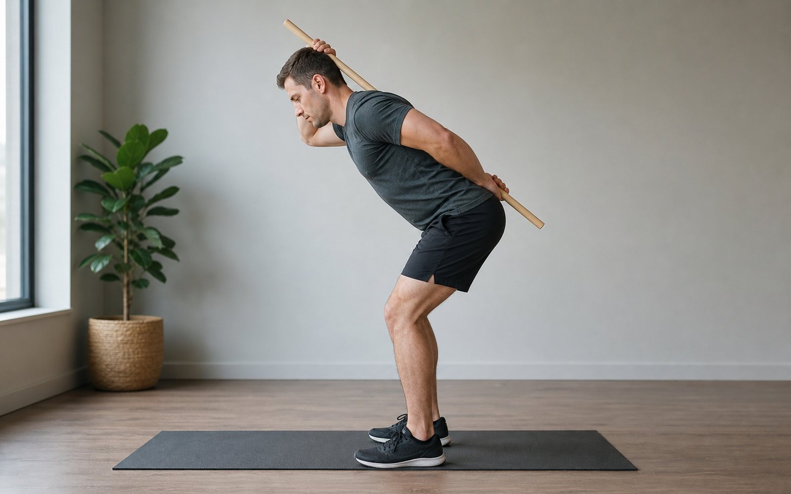 Adult man practices a hip hinge with a wooden dowel along his back.