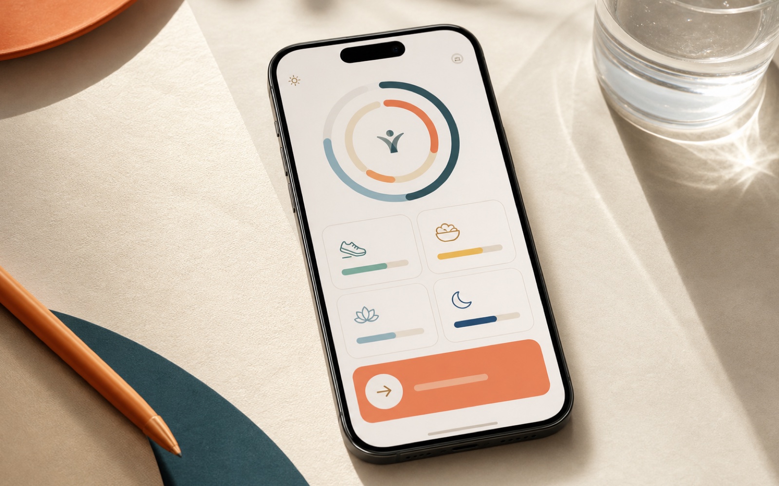 Smartphone displays an icon-based Moow daily wellness dashboard
