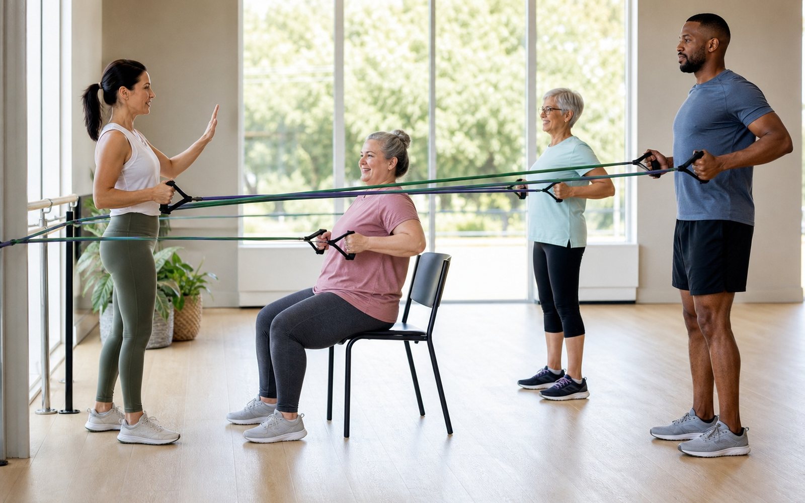 Instructor gestures while three adults use resistance bands, including one seated participant.