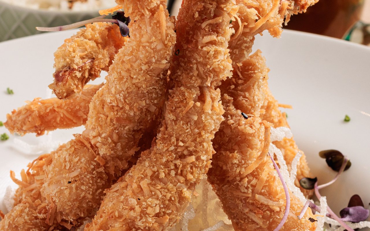 Golden panko-crusted jumbo shrimp served on a plate