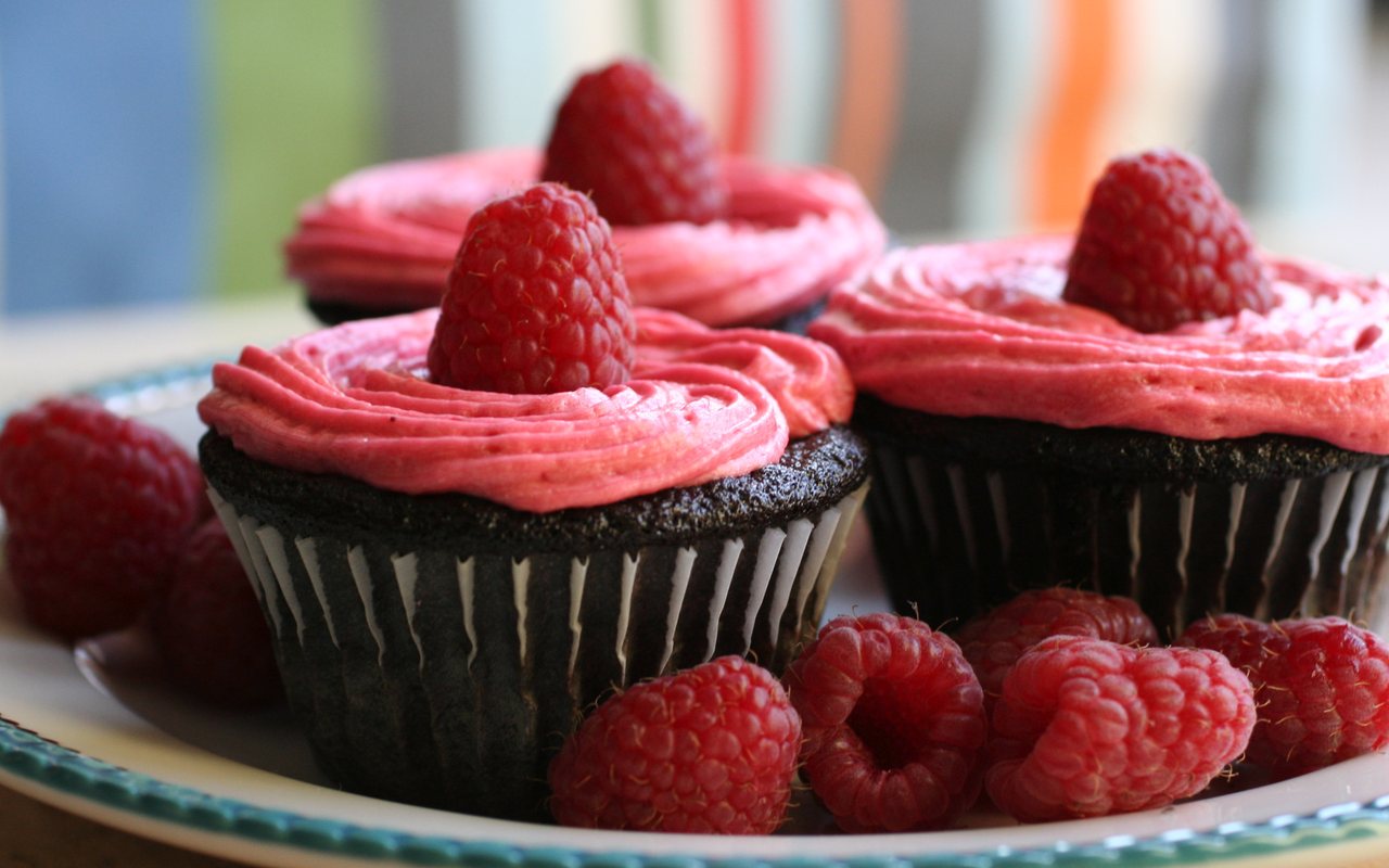 Dark chocolate cupcakes topped with pink raspberry buttercream and fresh raspberries