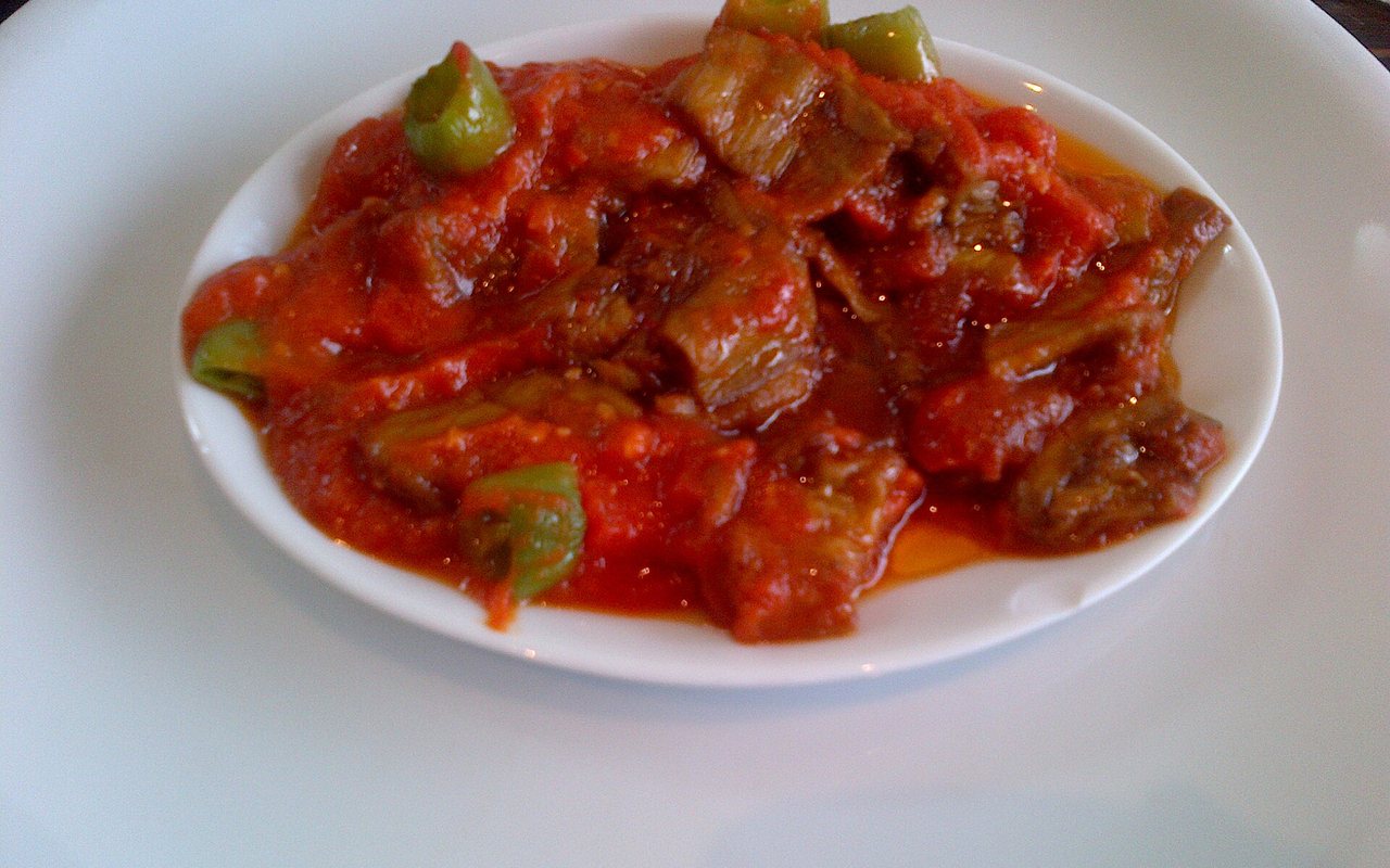 Turkish şakşuka with eggplant in chunky tomato pepper sauce