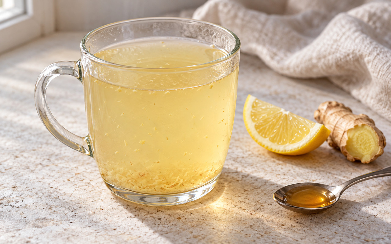 AI-assisted editorial photo of a clear mug of pale warm lemon water with fine ginger flecks beside lemon, ginger, and a teaspoon of honey.