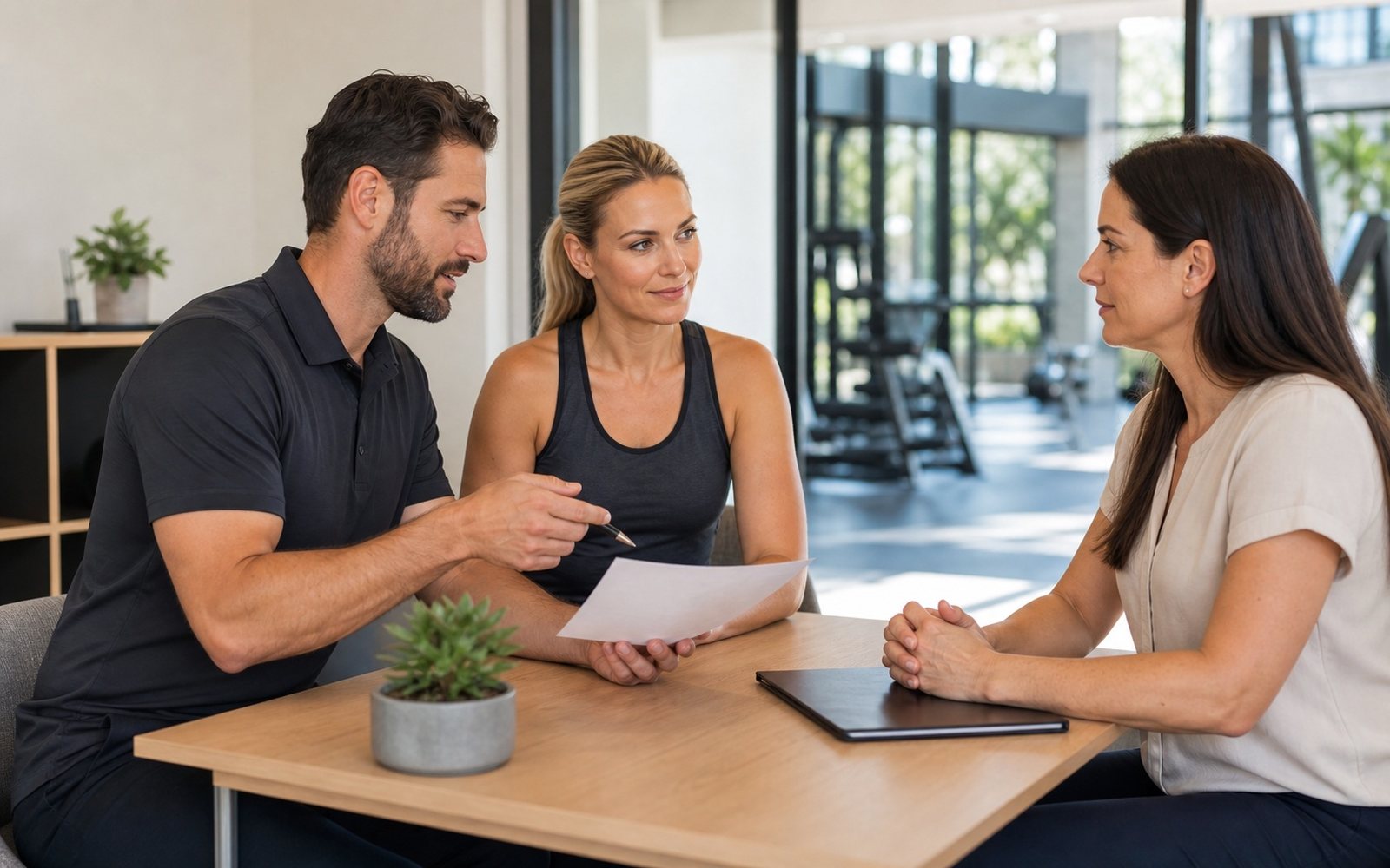 Three adults review a sheet of paper together at a table beside a gym.
