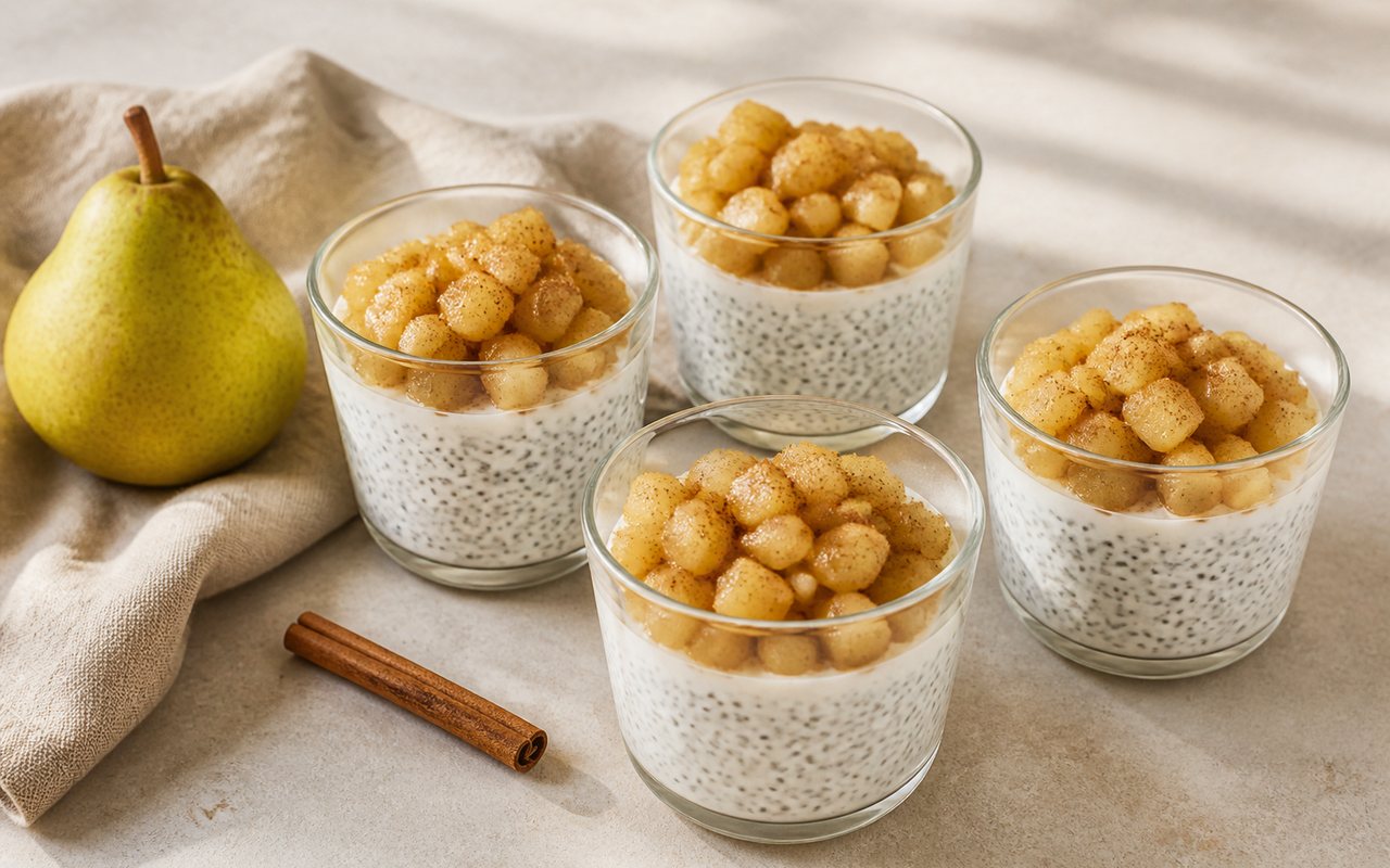 Four glass cups layered with Greek yogurt, chia seeds, and cinnamon pear pieces.