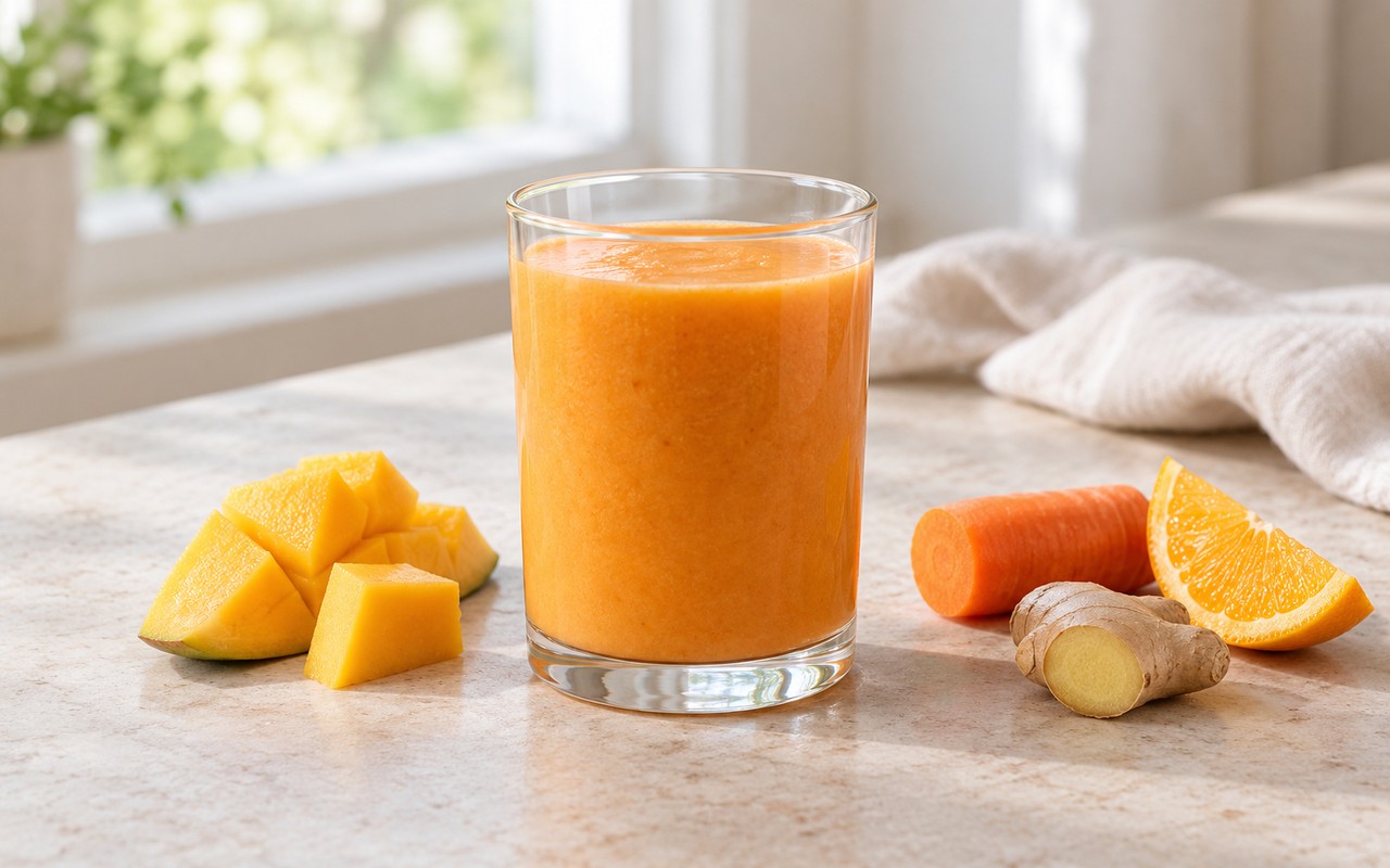 AI-assisted editorial photo of an orange mango carrot ginger smoothie in a clear glass beside mango, carrot, orange, and fresh ginger.
