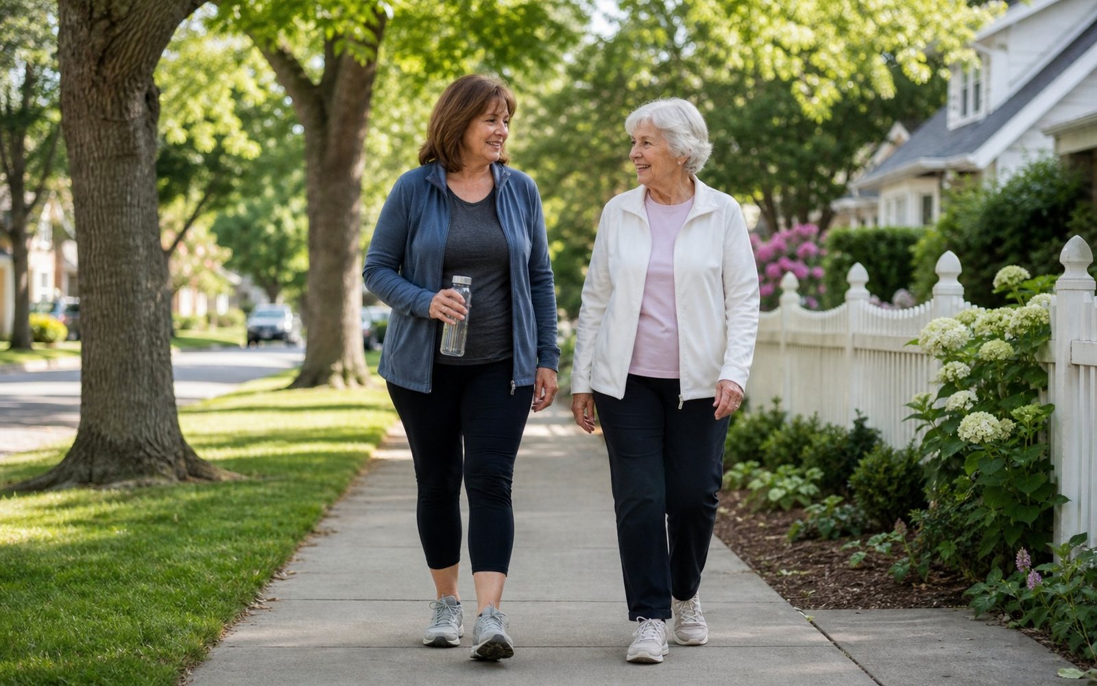 Two women walk side by side on a tree-lined neighborhood sidewalk.