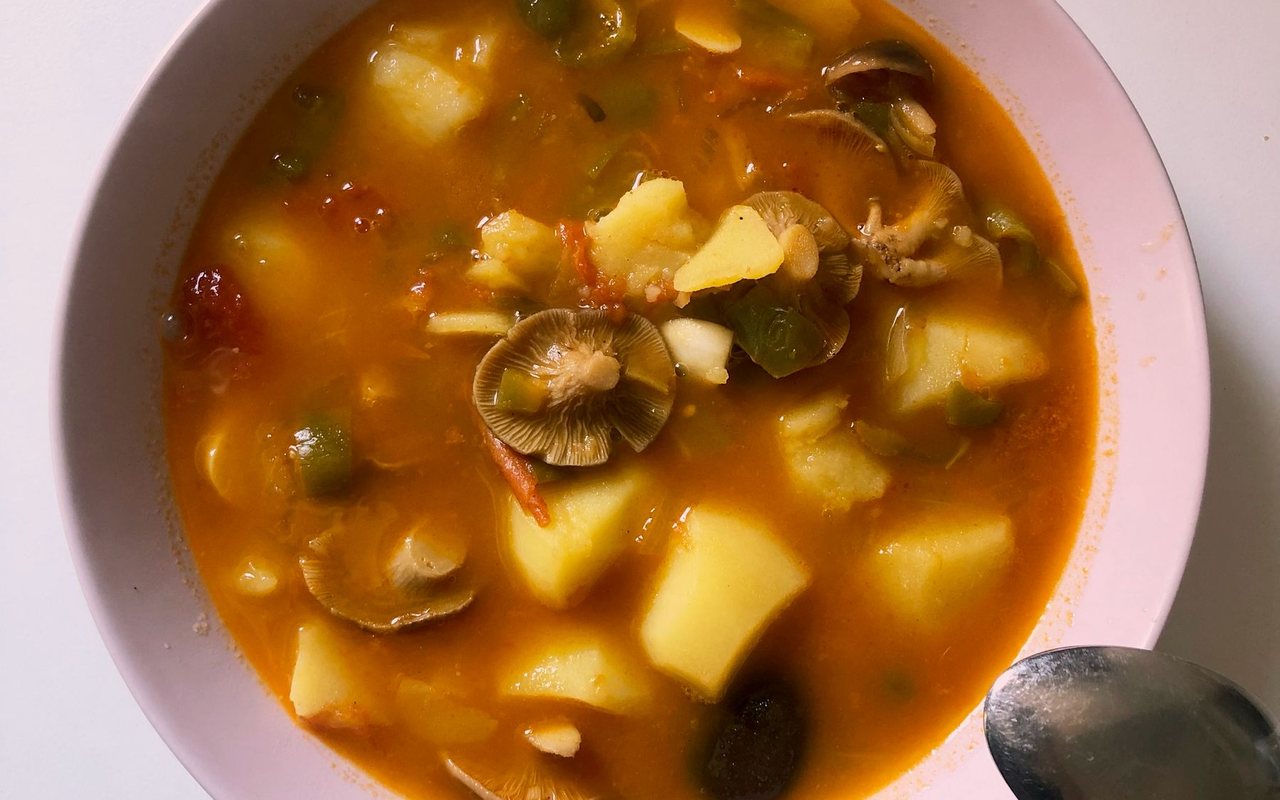 Bowl of chunky mushroom soup flecked with peppers and herbs