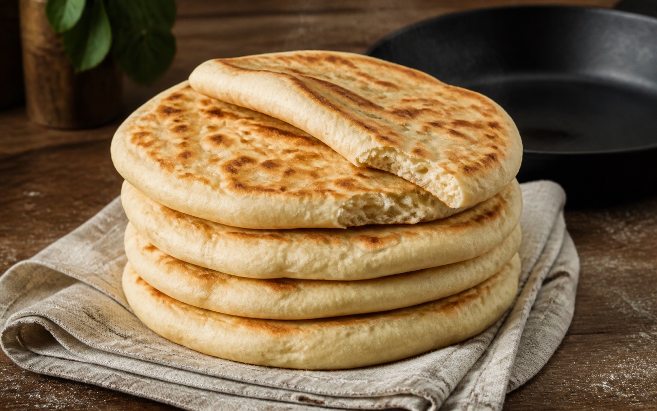 A stack of browned, pillowy skillet flatbreads with one torn open to show the airy crumb