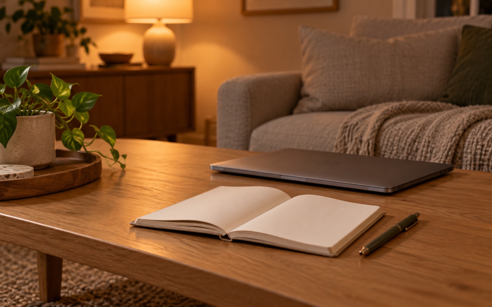 Closed laptop beside a notebook and pen on a cozy table in warm evening light, with no readable text.