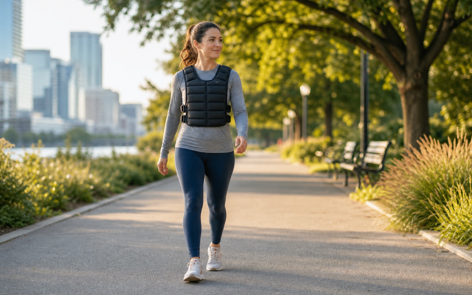 Woman walks on a flat park path wearing a fitted weighted vest