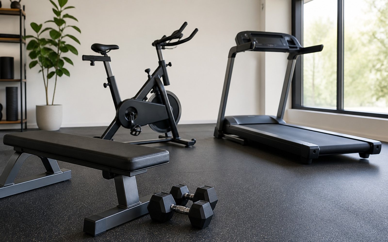 Home gym with a treadmill, stationary bike, weight bench, and dumbbells.