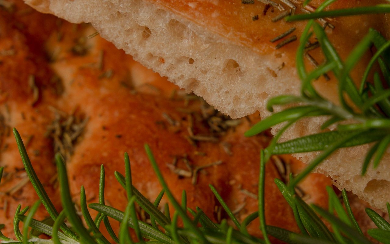 Close-up of rosemary focaccia showing a golden crust and airy interior crumb