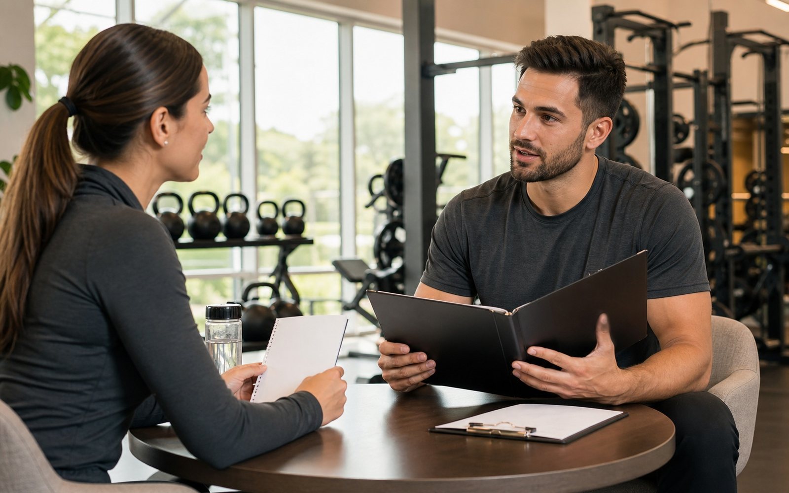 Two adults discuss notes and documents at a round table inside a gym.