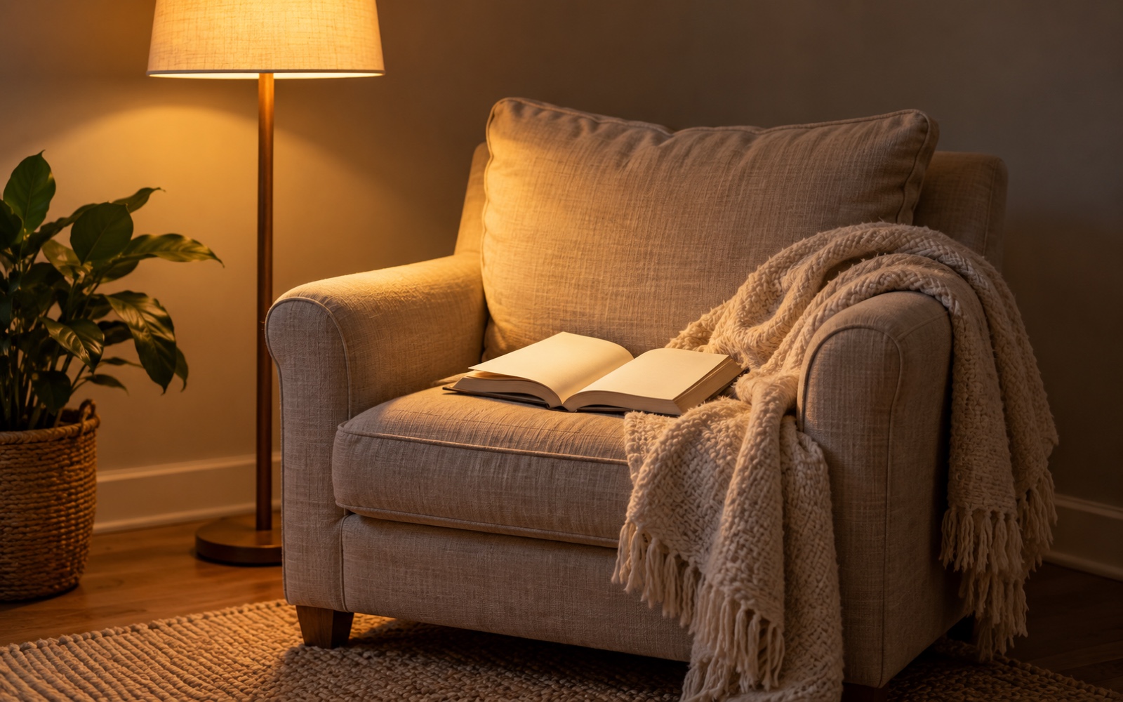Open book with blank pages resting on an upholstered armchair beside a softly glowing lamp.