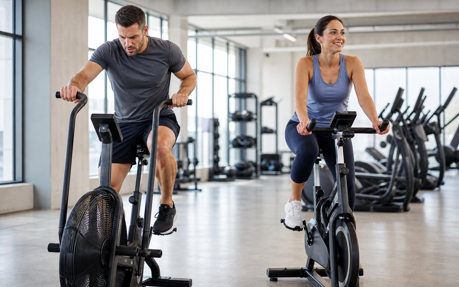 Man and woman ride two different stationary bikes in a bright gym.