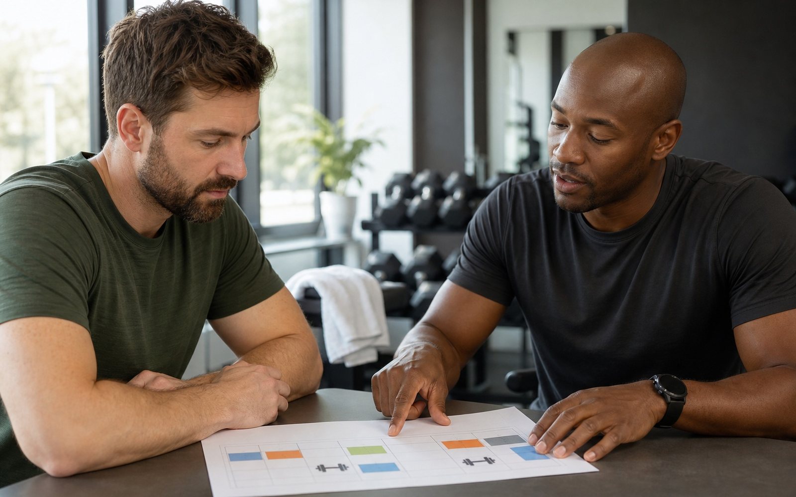 Two men review a color-coded training schedule together at a table in a gym.