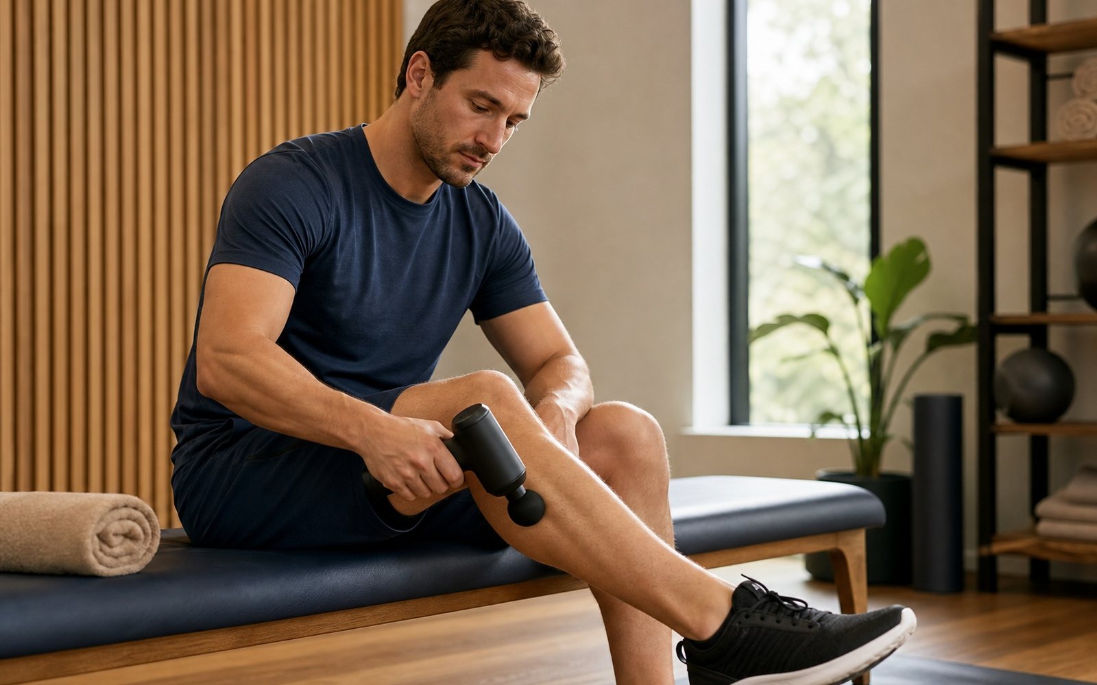 Man applying a massage gun to his outer lower leg while seated.
