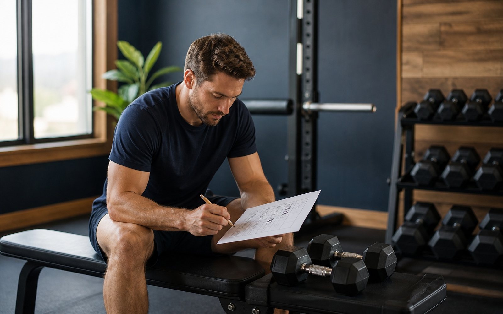 Man writes on a workout chart while seated beside dumbbells in a gym.