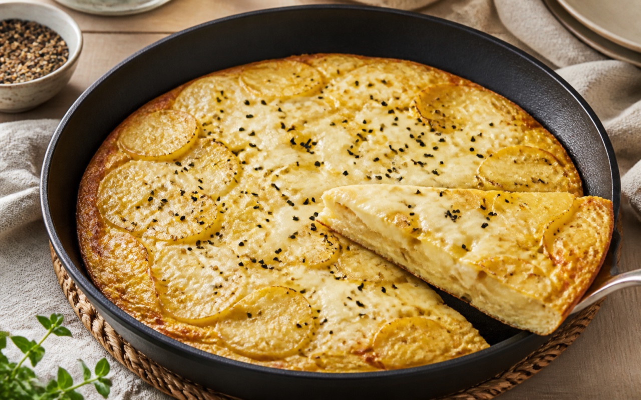 Golden potato omelet topped with melted white cheese and nigella seeds, with a wedge cut