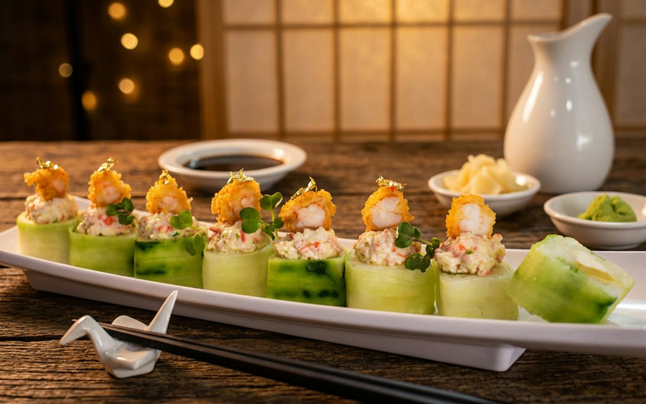 Cucumber-wrapped seafood rolls topped with shrimp on a white platter.