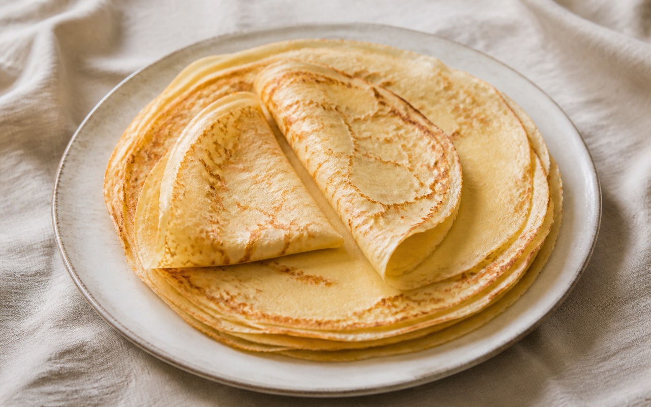 A stack of thin golden crepes with several loosely folded on an off-white plate