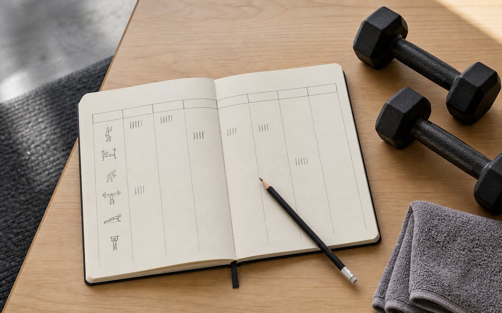 Open workout log with exercise symbols and tally marks beside two black dumbbells and a pencil.