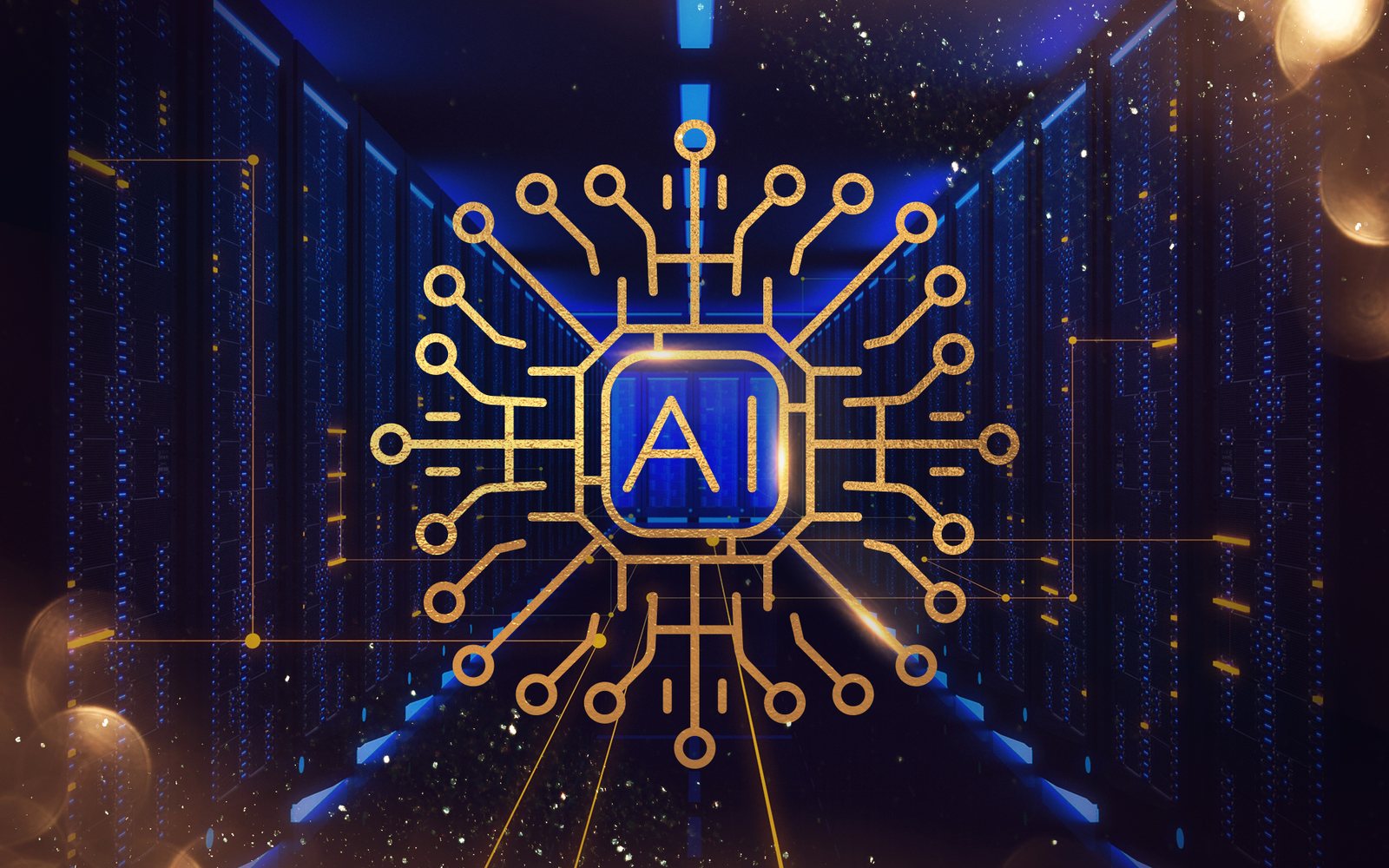 Gold AI circuit graphic overlaid on rows of blue data-center servers.