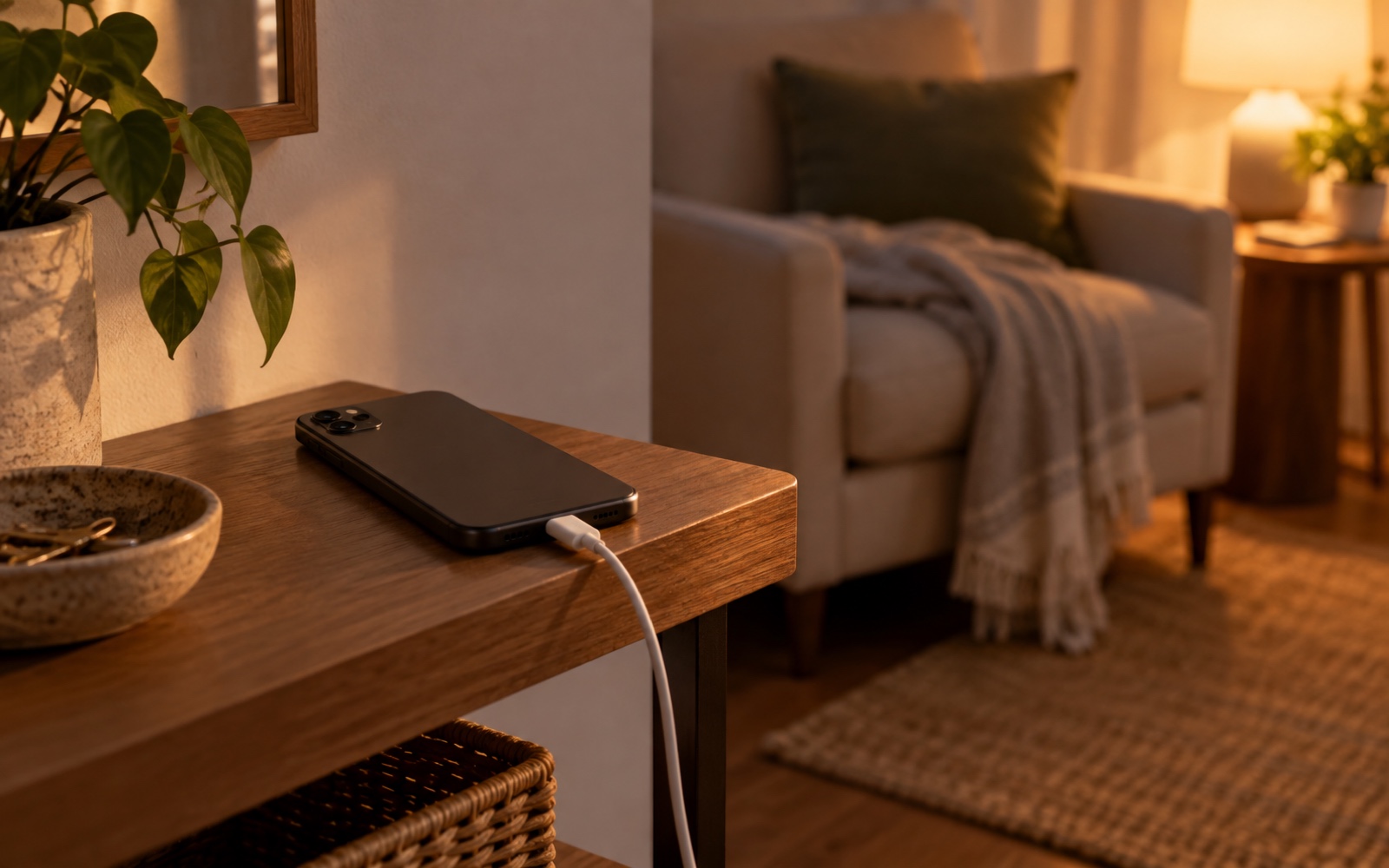 Phone resting face down while charging on an entryway shelf, with a blanket draped over a chair in the background.