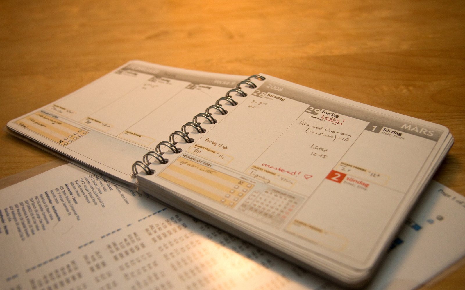 Open weekly planner with handwritten exercise notes and check boxes.