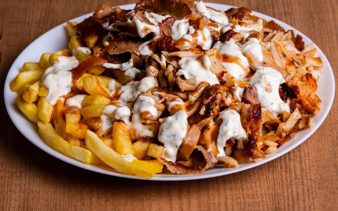 Thin browned slices of homemade Turkish chicken döner
